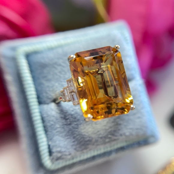 Large Citrine Emerald Cut Diamond Cocktail Ring 14k Yellow Gold - Picture 13 of 16